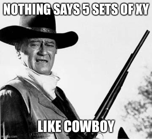 John Wayne Comeback | NOTHING SAYS 5 SETS OF XY LIKE COWBOY | image tagged in john wayne comeback | made w/ Imgflip meme maker