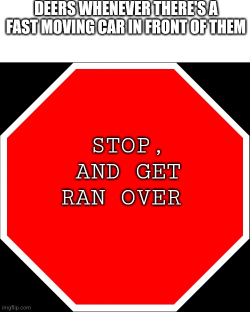 blank stop sign | DEERS WHENEVER THERE'S A FAST MOVING CAR IN FRONT OF THEM; STOP, AND GET RAN OVER | image tagged in blank stop sign | made w/ Imgflip meme maker