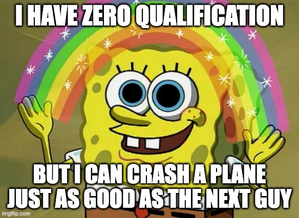 Imagination Spongebob | I HAVE ZERO QUALIFICATION; BUT I CAN CRASH A PLANE JUST AS GOOD AS THE NEXT GUY | image tagged in memes,imagination spongebob | made w/ Imgflip meme maker