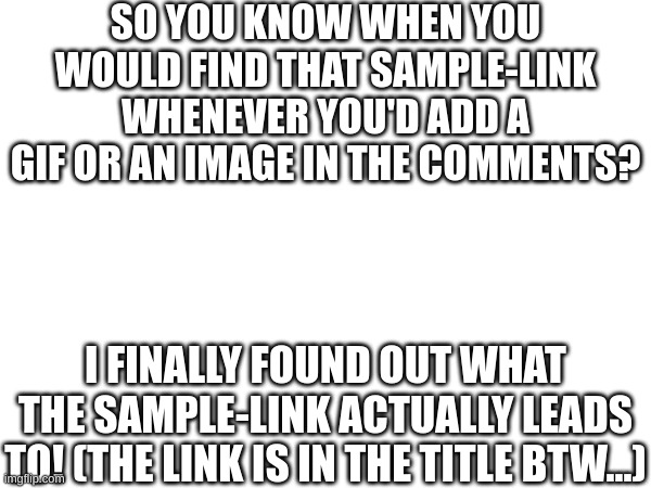 https://imgflip.com/gif/3g7dh8 | SO YOU KNOW WHEN YOU WOULD FIND THAT SAMPLE-LINK WHENEVER YOU'D ADD A GIF OR AN IMAGE IN THE COMMENTS? I FINALLY FOUND OUT WHAT THE SAMPLE-LINK ACTUALLY LEADS TO! (THE LINK IS IN THE TITLE BTW...) | image tagged in memes,old meme,gifs,fresh memes | made w/ Imgflip meme maker