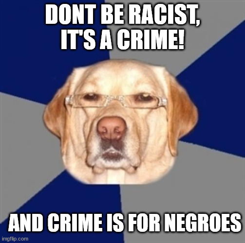 he is a wise dog | DONT BE RACIST, IT'S A CRIME! AND CRIME IS FOR NEGROES | image tagged in racist dog,black | made w/ Imgflip meme maker