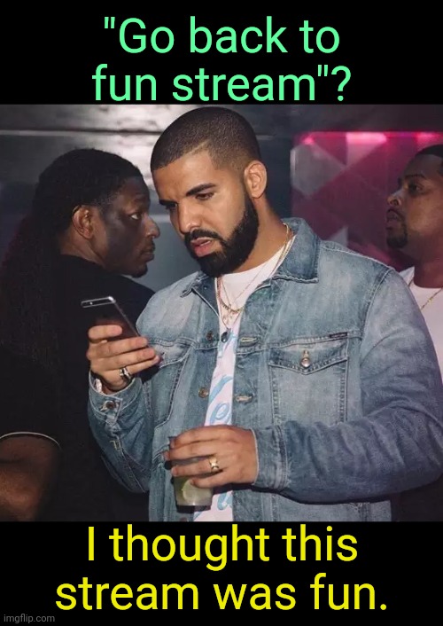 . | "Go back to fun stream"? I thought this stream was fun. | image tagged in drake looking at phone upset | made w/ Imgflip meme maker
