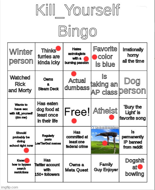 Kill_Yourself Bingo | image tagged in kill_yourself bingo | made w/ Imgflip meme maker