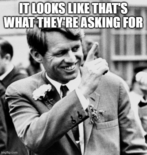 RFK pointing | IT LOOKS LIKE THAT'S WHAT THEY'RE ASKING FOR | image tagged in rfk pointing | made w/ Imgflip meme maker