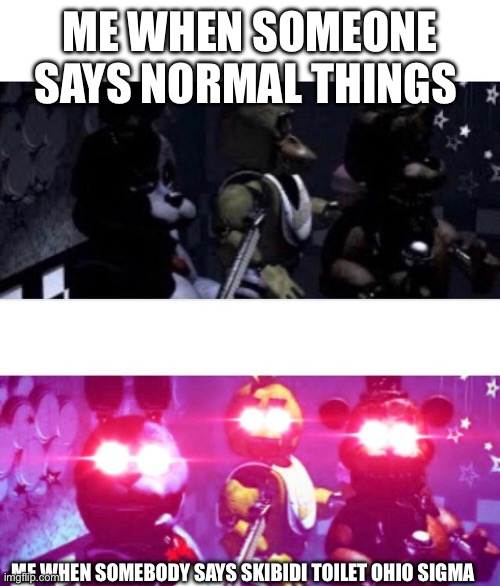 Is this relatable | ME WHEN SOMEONE SAYS NORMAL THINGS; ME WHEN SOMEBODY SAYS SKIBIDI TOILET OHIO SIGMA | image tagged in fnaf death eyes | made w/ Imgflip meme maker