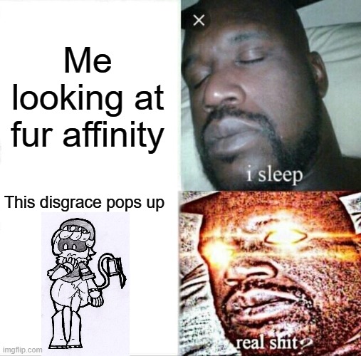 Sleeping Shaq Meme | Me looking at fur affinity; This disgrace pops up | image tagged in memes,sleeping shaq | made w/ Imgflip meme maker