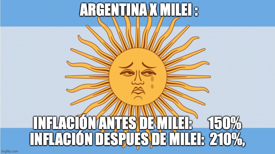 MIlei x Argentina | ARGENTINA X MILEI :; INFLACIÓN ANTES DE MILEI:      150%
INFLACIÓN DESPUES DE MILEI:  210%, | image tagged in milei,argentina,derecha argentina,sudamerica,inflacion | made w/ Imgflip meme maker