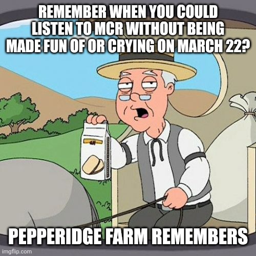I had an idea and I was boredddd | REMEMBER WHEN YOU COULD LISTEN TO MCR WITHOUT BEING MADE FUN OF OR CRYING ON MARCH 22? PEPPERIDGE FARM REMEMBERS | image tagged in memes,pepperidge farm remembers,mcr | made w/ Imgflip meme maker