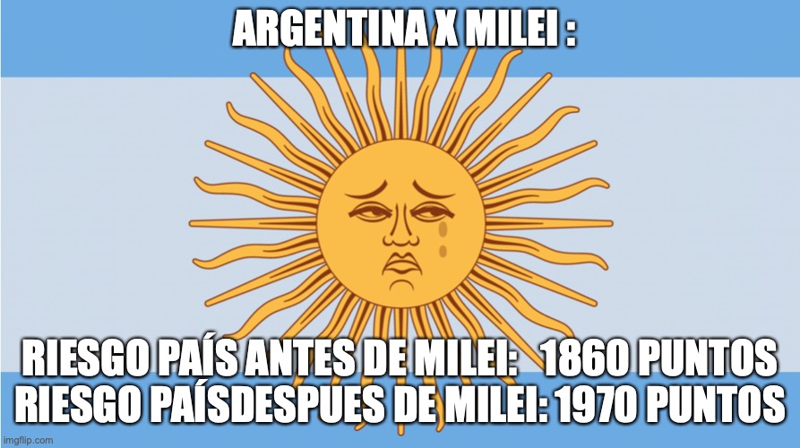 Milei x argentina | ARGENTINA X MILEI :; RIESGO PAÍS ANTES DE MILEI:   1860 PUNTOS
RIESGO PAÍSDESPUES DE MILEI: 1970 PUNTOS | image tagged in milei,argentina,puntos,inflaccion,desempleo,riesgo pais | made w/ Imgflip meme maker