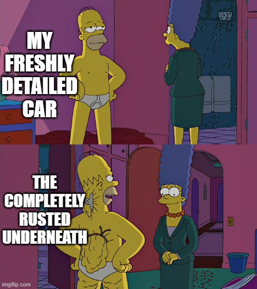 Homer car | MY FRESHLY DETAILED CAR; THE COMPLETELY RUSTED UNDERNEATH | image tagged in homer simpson's back fat,cars | made w/ Imgflip meme maker