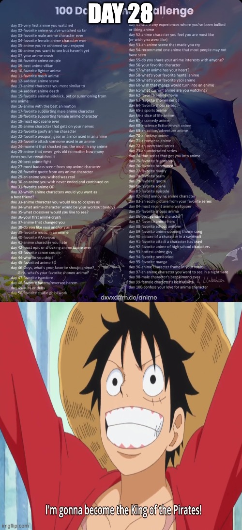 Day 28: "I'm Luffy, and I'm gonna be the King of the Pirates!" (One Piece) | DAY 28 | image tagged in 100 day anime challenge | made w/ Imgflip meme maker