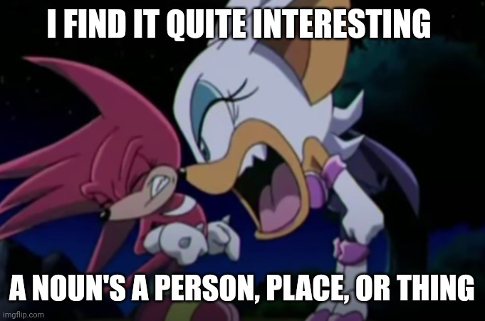 rouge yelling at knuckles | I FIND IT QUITE INTERESTING; A NOUN'S A PERSON, PLACE, OR THING | image tagged in rouge yelling at knuckles | made w/ Imgflip meme maker