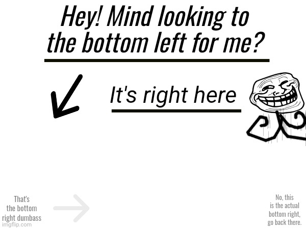 Upvote if I tricked you | Hey! Mind looking to the bottom left for me? It's right here; That's the bottom right dumbass; No, this is the actual bottom right, go back there. | image tagged in trollface,meme,funny,fun,hehe | made w/ Imgflip meme maker
