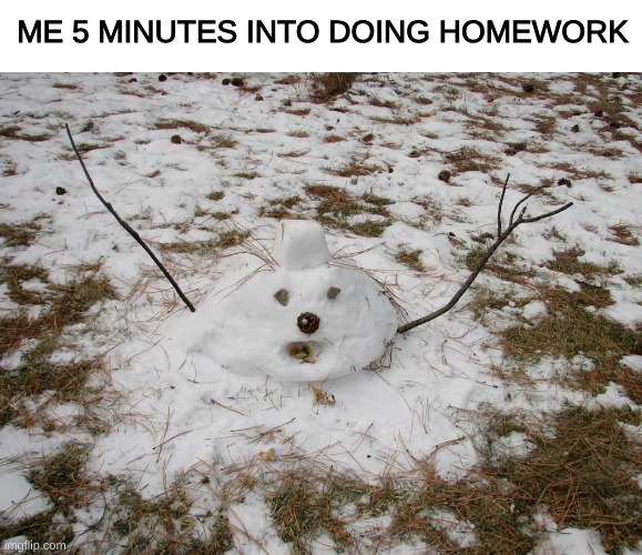 I hate homework | ME 5 MINUTES INTO DOING HOMEWORK | image tagged in melted snowman,homework,back to school | made w/ Imgflip meme maker
