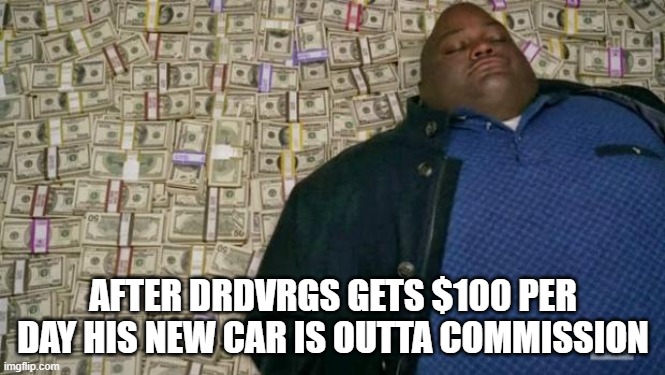 huell money | AFTER DRDVRGS GETS $100 PER DAY HIS NEW CAR IS OUTTA COMMISSION | image tagged in huell money | made w/ Imgflip meme maker