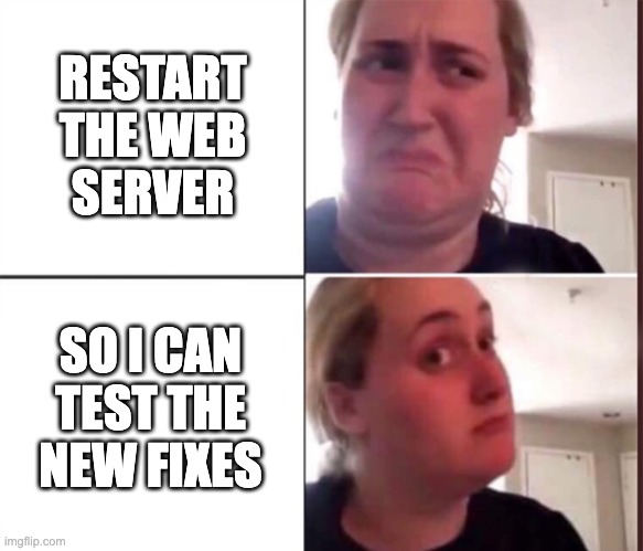 Restart the Web Server | RESTART THE WEB
SERVER; SO I CAN TEST THE NEW FIXES | image tagged in kombucha girl,programming,programmers,funny,fun | made w/ Imgflip meme maker