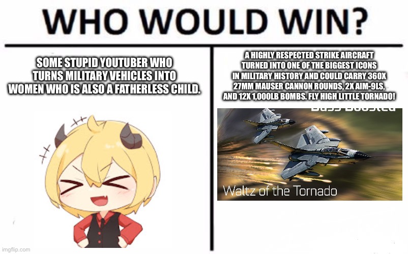 Only War Thunder players will get this. | SOME STUPID YOUTUBER WHO TURNS MILITARY VEHICLES INTO WOMEN WHO IS ALSO A FATHERLESS CHILD. A HIGHLY RESPECTED STRIKE AIRCRAFT TURNED INTO ONE OF THE BIGGEST ICONS IN MILITARY HISTORY AND COULD CARRY 360X 27MM MAUSER CANNON ROUNDS, 2X AIM-9LS, AND 12X 1,000LB BOMBS. FLY HIGH LITTLE TORNADO! | image tagged in memes,who would win,war thunder | made w/ Imgflip meme maker
