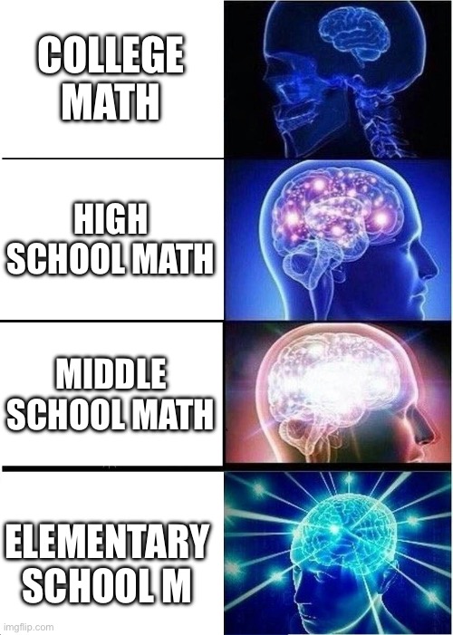 Expanding Brain | COLLEGE MATH; HIGH SCHOOL MATH; MIDDLE SCHOOL MATH; ELEMENTARY SCHOOL MATH | image tagged in memes,expanding brain | made w/ Imgflip meme maker