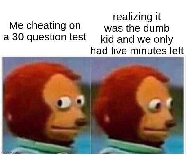 Monkey Puppet | realizing it was the dumb kid and we only had five minutes left; Me cheating on a 30-question test | image tagged in memes,monkey puppet | made w/ Imgflip meme maker