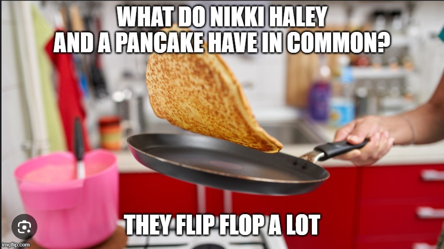 WHAT DO NIKKI HALEY AND A PANCAKE HAVE IN COMMON? THEY FLIP FLOP A LOT | made w/ Imgflip meme maker