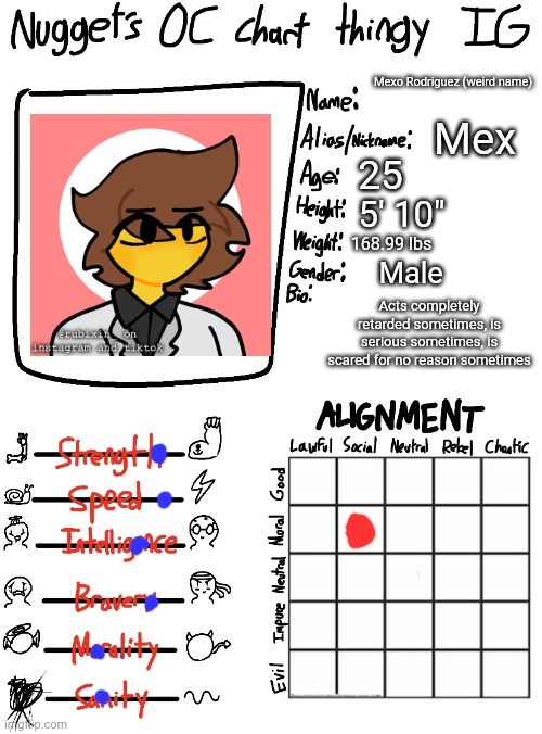 Get to know Mex | Mexo Rodriguez (weird name); Mex; 25; 5' 10"; 168.99 lbs; Male; Acts completely retarded sometimes, is serious sometimes, is scared for no reason sometimes | image tagged in nugget s oc chart thingy ig,mex | made w/ Imgflip meme maker