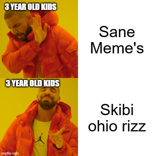 Drake Hotline Bling | 3 YEAR OLD KIDS; Sane Meme's; 3 YEAR OLD KIDS; Skibi ohio rizz | image tagged in memes | made w/ Imgflip meme maker