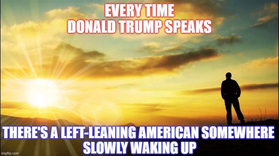 Whether They Realize It or Not | EVERY TIME DONALD TRUMP SPEAKS; THERE'S A LEFT-LEANING AMERICAN SOMEWHERE 
SLOWLY WAKING UP | image tagged in inspirational | made w/ Imgflip meme maker