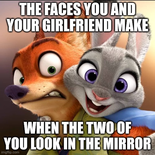 Nick and Judy's Reflections | THE FACES YOU AND YOUR GIRLFRIEND MAKE; WHEN THE TWO OF YOU LOOK IN THE MIRROR | image tagged in nick wilde and judy hopps selfie,zootopia,nick wilde,judy hopps,the face you make when,couple | made w/ Imgflip meme maker