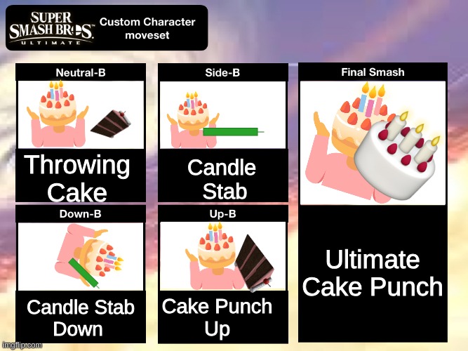 Super Smash Bros Ultimate Custom Character Moveset | Throwing
Cake Candle 
Stab Candle Stab
Down Cake Punch
Up Ultimate Cake Punch | image tagged in super smash bros ultimate custom character moveset | made w/ Imgflip meme maker