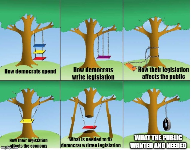Tree swing democrat edition | How their legislation affects the public; How democrats write legislation; How democrats spend; WHAT THE PUBLIC WANTED AND NEEDED; What is needed to fix democrat written legislation; How their legislation affects the economy | image tagged in tree swing,democrats | made w/ Imgflip meme maker