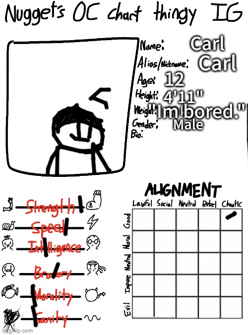 Nugget’s OC Chart Thingy IG | Carl; Carl; 12; 4'11"; "Im bored."; 40 kg; Male | image tagged in nugget s oc chart thingy ig | made w/ Imgflip meme maker