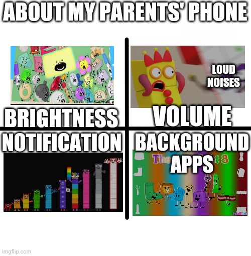 My parents' phone | ABOUT MY PARENTS' PHONE; LOUD NOISES; VOLUME; BRIGHTNESS; NOTIFICATION; BACKGROUND APPS | image tagged in memes,blank starter pack | made w/ Imgflip meme maker
