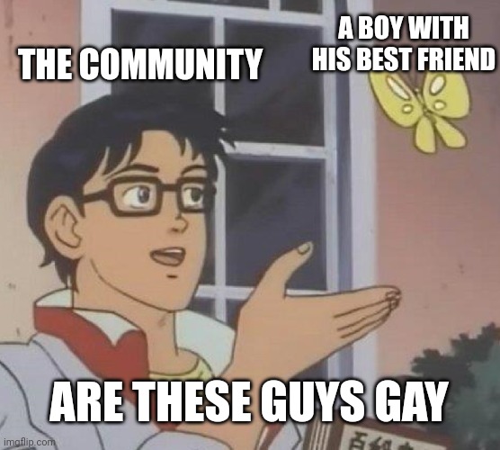 Are they gay? | A BOY WITH HIS BEST FRIEND; THE COMMUNITY; ARE THESE GUYS GAY | image tagged in memes,is this a pigeon | made w/ Imgflip meme maker