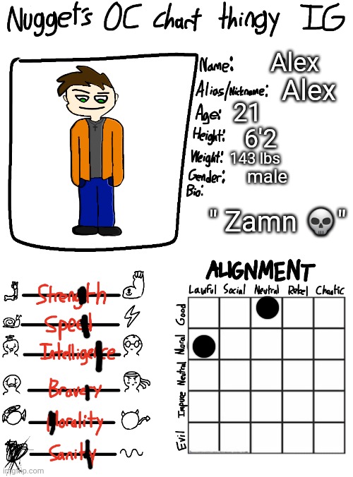 yeah.. | Alex; Alex; 21; 6'2; 143 lbs; male; " Zamn 💀" | image tagged in nugget s oc chart thingy ig,oc | made w/ Imgflip meme maker