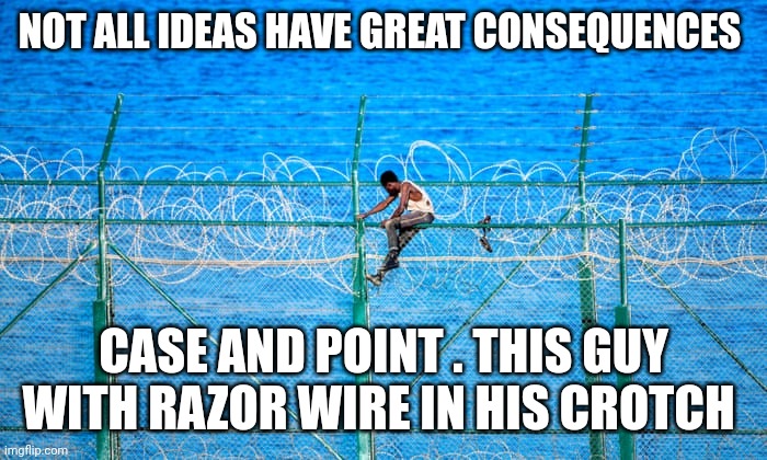 immigration memes | NOT ALL IDEAS HAVE GREAT CONSEQUENCES; CASE AND POINT . THIS GUY WITH RAZOR WIRE IN HIS CROTCH | image tagged in illegal immigrants | made w/ Imgflip meme maker