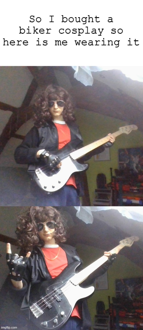 I should make a new announcement template honestly | So I bought a biker cosplay so here is me wearing it | image tagged in biker,cosplay,lgbtq,bass,rock and roll,emo kid | made w/ Imgflip meme maker