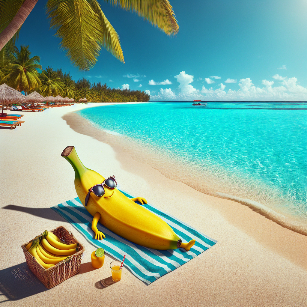 High Quality Tropical Beach with Banana Person sunbathing Blank Meme Template