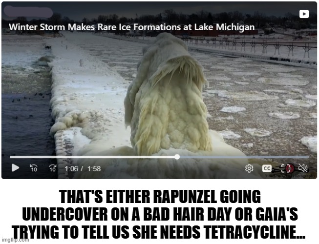 Natural ice sculpture | THAT'S EITHER RAPUNZEL GOING UNDERCOVER ON A BAD HAIR DAY OR GAIA'S TRYING TO TELL US SHE NEEDS TETRACYCLINE... | image tagged in blank bar | made w/ Imgflip meme maker
