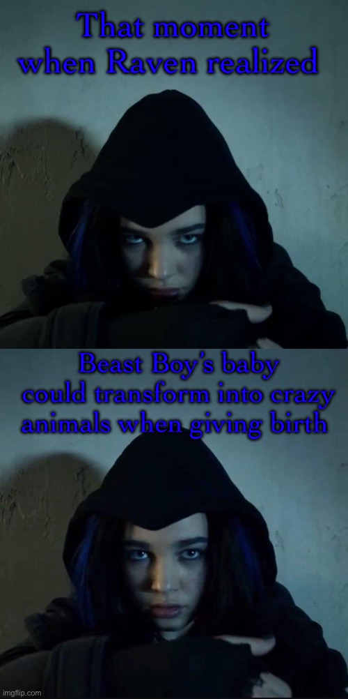 That moment when Raven realized; Beast Boy’s baby could transform into crazy animals when giving birth | image tagged in raven | made w/ Imgflip meme maker