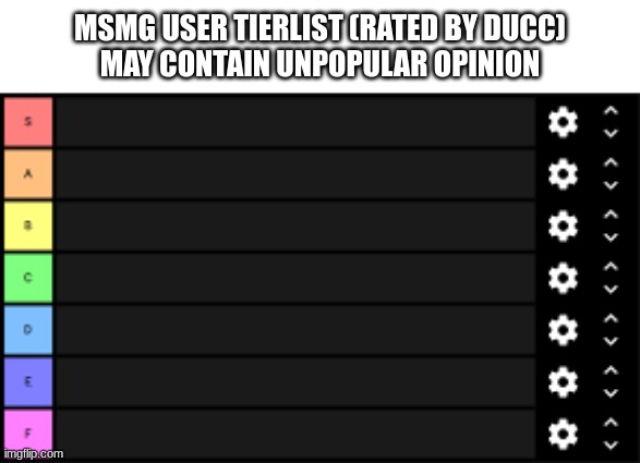 Suggest an MSMG user for me to put here, or suggest yourself. | MSMG USER TIERLIST (RATED BY DUCC)

MAY CONTAIN UNPOPULAR OPINION | image tagged in tierlist | made w/ Imgflip meme maker