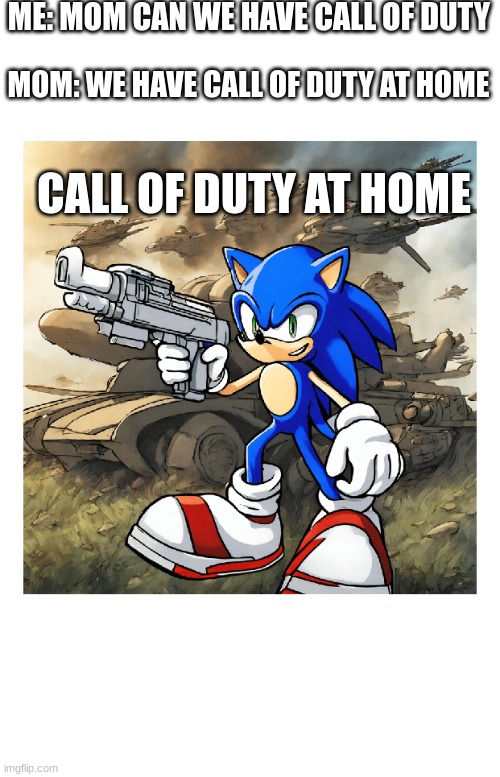 what sonic does on his free time | ME: MOM CAN WE HAVE CALL OF DUTY; MOM: WE HAVE CALL OF DUTY AT HOME; CALL OF DUTY AT HOME | image tagged in sonic the hedgehog | made w/ Imgflip meme maker