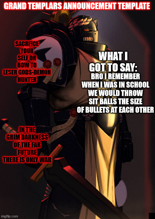 what do yall do for fun now? | BRO I REMEMBER WHEN I WAS IN SCHOOL WE WOULD THROW SIT BALLS THE SIZE OF BULLETS AT EACH OTHER | image tagged in grand_templar | made w/ Imgflip meme maker