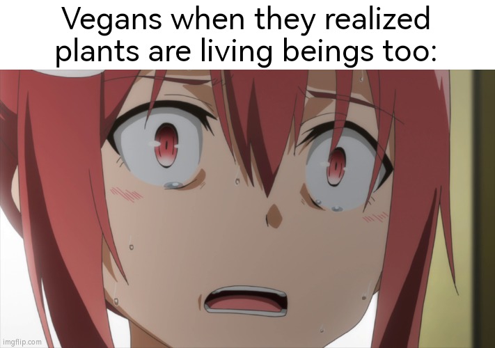 Now they realized, now it's too late. | Vegans when they realized plants are living beings too: | image tagged in memes,funny,vegans | made w/ Imgflip meme maker