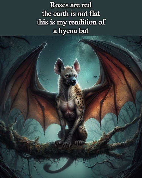 good morning | Roses are red
the earth is not flat
this is my rendition of
a hyena bat | image tagged in hyena bat,kewlew | made w/ Imgflip meme maker