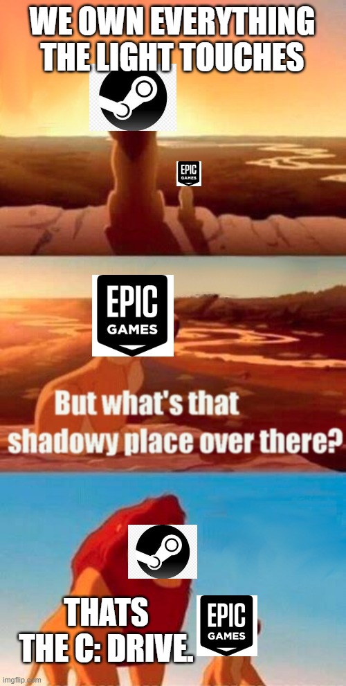 Simba Shadowy Place Meme | WE OWN EVERYTHING THE LIGHT TOUCHES; THATS THE C: DRIVE. | image tagged in memes,simba shadowy place | made w/ Imgflip meme maker