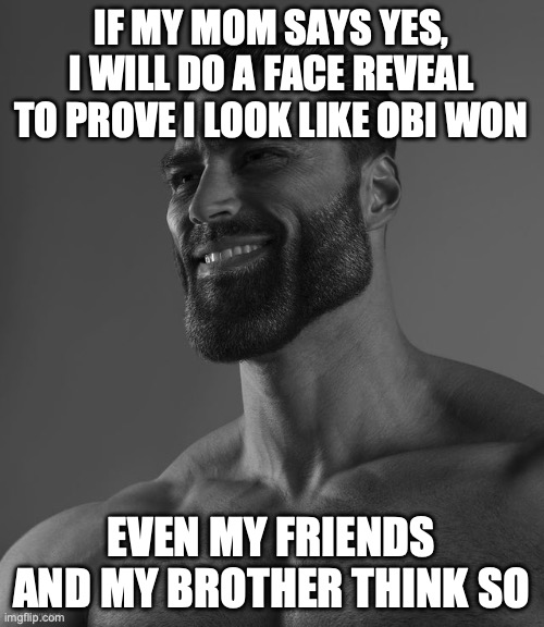 Giga Chad | IF MY MOM SAYS YES, I WILL DO A FACE REVEAL TO PROVE I LOOK LIKE OBI WON EVEN MY FRIENDS AND MY BROTHER THINK SO | image tagged in giga chad | made w/ Imgflip meme maker