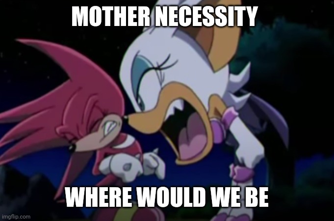 rouge yelling at knuckles | MOTHER NECESSITY; WHERE WOULD WE BE | image tagged in rouge yelling at knuckles | made w/ Imgflip meme maker