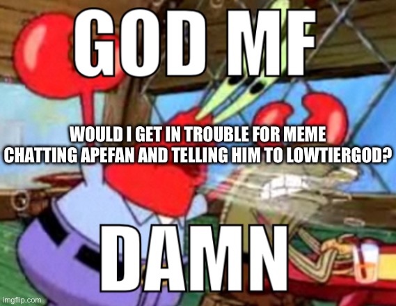 GOD MF DAMN | WOULD I GET IN TROUBLE FOR MEME CHATTING APEFAN AND TELLING HIM TO LOWTIERGOD? | image tagged in god mf damn | made w/ Imgflip meme maker