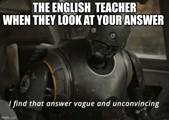 I find that answer vague and unconvincing | THE ENGLISH  TEACHER WHEN THEY LOOK AT YOUR ANSWER | image tagged in i find that answer vague and unconvincing | made w/ Imgflip meme maker
