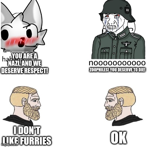 this stream in a nutshell (yes, i'm insulting myself, shut up) | YOU ARE A NAZI, AND WE DESERVE RESPECT! ZOOPHILES! YOU DESERVE TO DIE! I DON'T LIKE FURRIES; OK | image tagged in soyjak vs chad | made w/ Imgflip meme maker